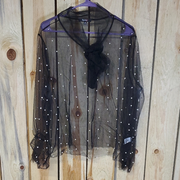 Womens Sheer Mesh Bowknot Flare Sleeve Beaded Top Size 3X Goth Party Black - Picture 1 of 7